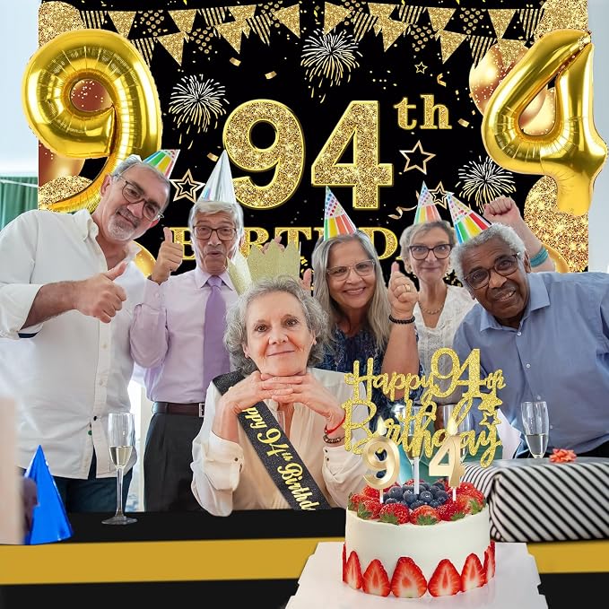 94th Birthday Decorations Men Women with 94th Birthday Banner, Black and Gold Table Cloth, Number Balloons, Large Sash, Cake Topper and Candles
