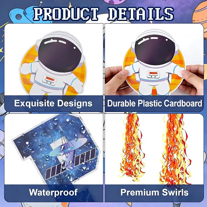 Space Themed Happy Birthday Party Decorations Include Happy Birthday Banner Astronaut Rocket and Tail of Fire Hanging Swirl Tassels Hanging Streamer Decor Space Party Decorations
