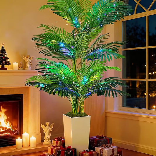 Artificial Palm Tree 6FT - Fake Tree with Tall Planter and Fairy Lights, Large Tropical Palm Faux Tree, Fake Plants for Indoor Outdoor