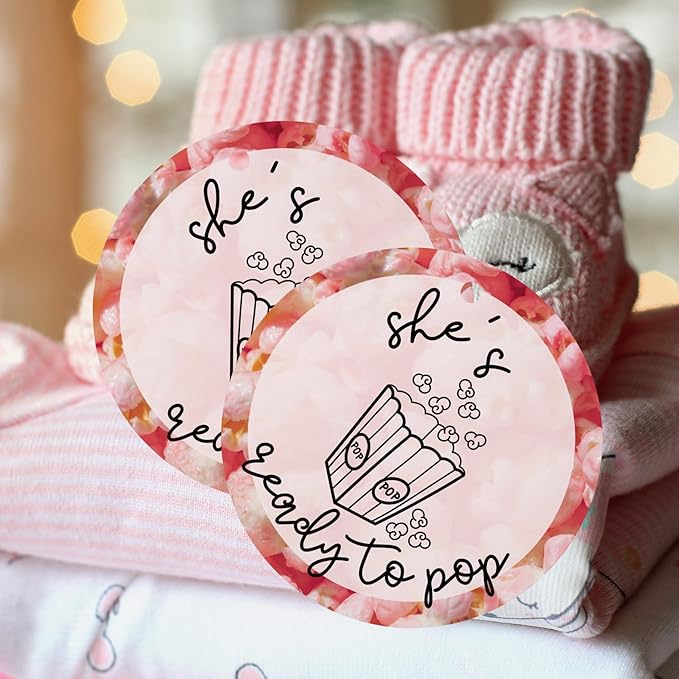 She’s Ready to Pop Popcorn Bags Tags for Baby Shower | 30pk 2.5” Circle Tag Label About to Pop It When She Pops Favors Blue Pink Champagne