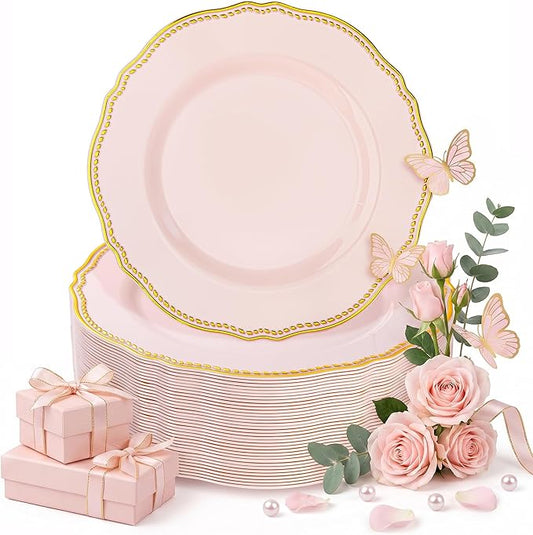 Hioasis 60pcs Pink Plastic Plates - Pink and Gold Disposable Dinnerware with Gold Rim, Heavy-duty, 7 inch, Dessert Plates for Party & Easter & Mother’s Day