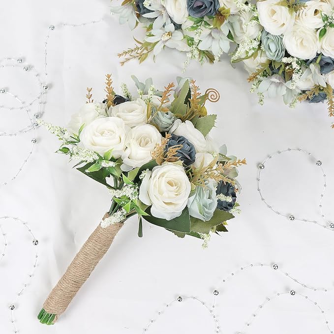 Bridesmaid Bouquets for Wedding - 7 Inch Artificial Rose Flower Bouquet for Bridesmaids Pre-Made Floral Bouquets Party Ceremony Anniversary Decor - Dusty Blue
