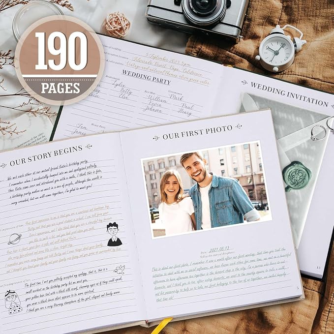 Lanpn Wedding Anniversary Journal Book Memories of Us, Linen Dating to 70th Wedding Scrapbook Notebook Memory Book, Newlywed Marriage Couple Anniversary Journal Bridal Shower Gifts (Green, 190 Pages)