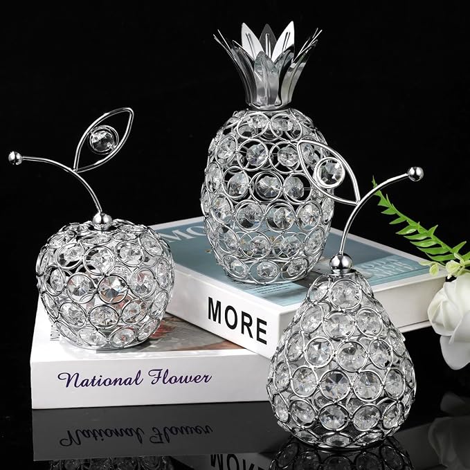 3 Pcs Silver Crystal Tea Light Holder, Crystal Hollow Candlestick, Metal Pineapple Pear Apple Set, Table Centerpiece, Ideal for Wedding, Party, Anniversary and Home Decor