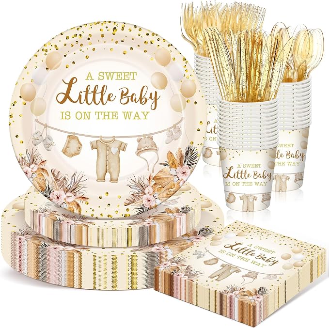 168 Pcs Neutral Gold Baby Shower Decorations Boho Gender Reveal Party Favors a Sweet Little Is on The Way Plates and Napkins Disposable Tableware Set Serve 24