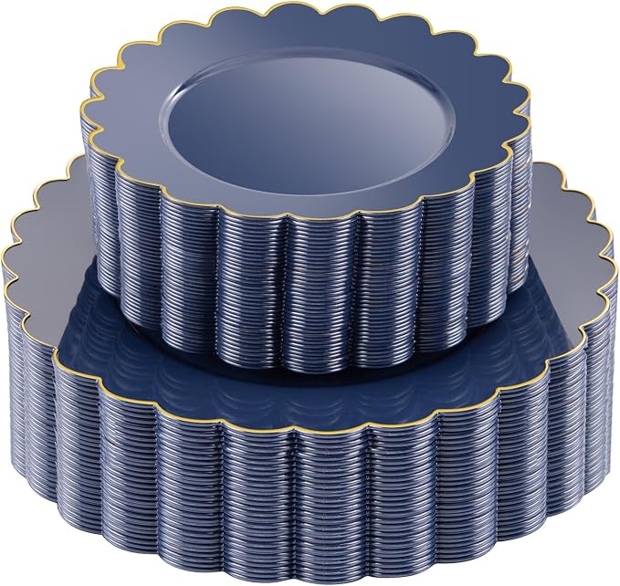 LIYH 60 Pcs Navy Blue Plastic Scalloped Plates with Gold Rim, Blue and Gold Disposable Patriotic Plates for Party Included 30 Dinner Plate 10.25 30 Dessert Plate 7.5 Inch for Party