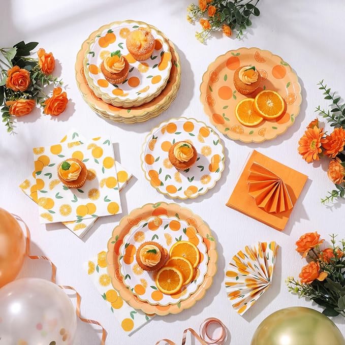 Funnymoom 200 Pcs Orange Citrus Party Supplies Kit Little Cutie Disposable Paper Dinner Dessert Plates Luncheon Napkins Beverage Napkins for Summer Fruit Birthday Baby Shower Wedding Party 50 Guests