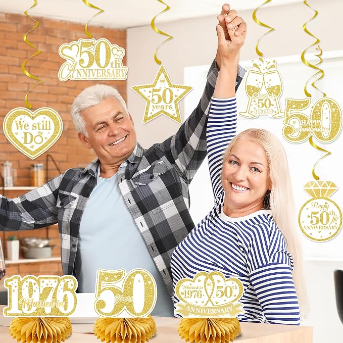 Holkcog White Gold 50th Anniversary Decorations, Gold Glitter Happy 50th hang Banner, Hanging Swirls,Honeycomb, Cheers to 50 Years Party Supplies，50 Years Anniversary Party Decorations