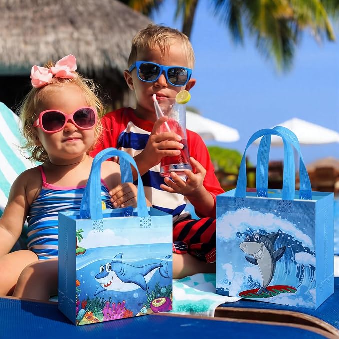 Sweetude 40 Pcs Shark Gift Party Favor Bags with Handle, Non Woven Goodie Bags Birthday Favor for Birthday Baby Shower Packaging Supplies