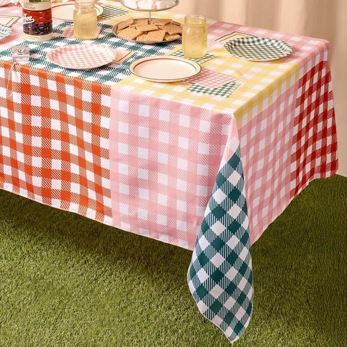 xo, Fetti Gingham Checkered Washable Tablecloth - 9ft. | Camp Bachelorette Party Supplies, Getting Lit + Getting Hitched, Glamping Birthday Party Decorations, Pastel Baby Shower, Cute Tableware