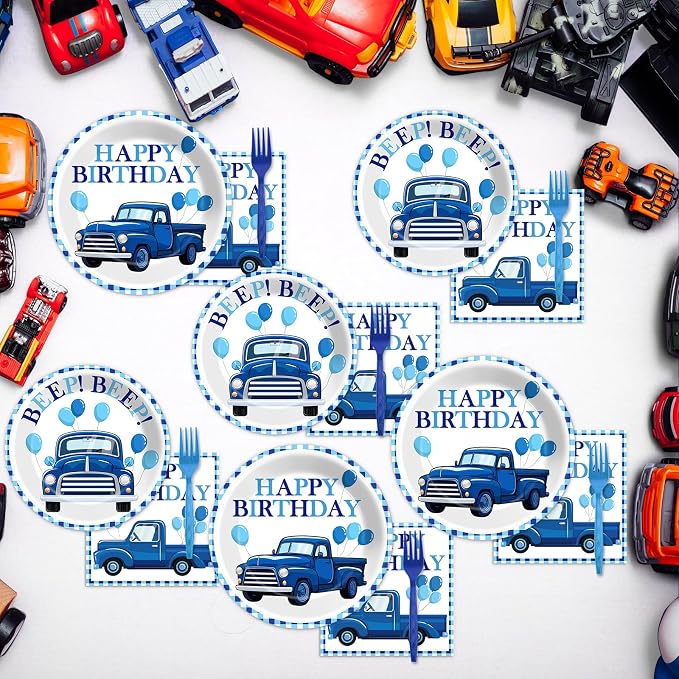 96 Pcs Blue Truck Party Decorations Blue Truck Happy Birthday Plates and Napkins Farm Car Theme Tableware Set Blue-White Themed Party Supplies for Kids Boys Birthday Baby Shower Serve 24