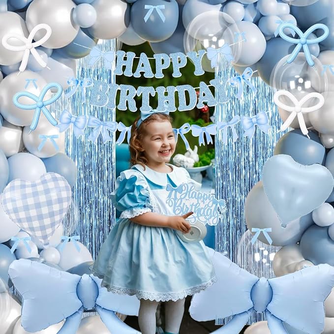 Dusty Blue Bow Birthday Decorations, Coquette Bow Blue White and Clear Balloons with Happy Birthday Banner Fringe Curtain Cake Toppers for Women Girls Baby Shower Party Supplies