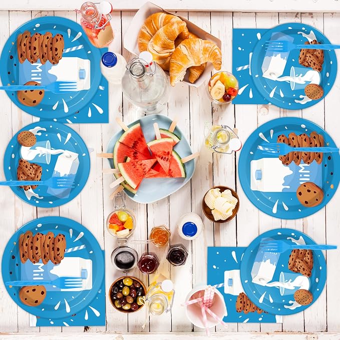 96 Pcs Milk and Cookies Party Paper Plates and Napkins Bundle Chocolate Chip Cookies and Milk Drinks Party Birthday Decorations Plates Napkins Forks for Party Favors 24 Guests