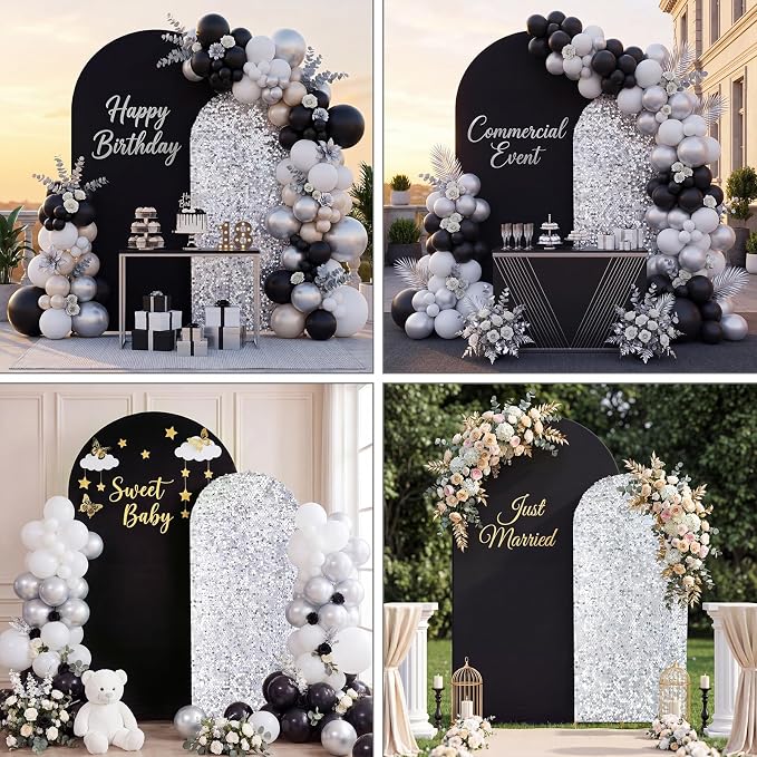 Black and Silver Arch Covers 7.2 and 6FT Sequin Arch Backdrop Cover Set of 2, Spandex Fitted Bling Sequin Arch Stand Covers for Birthday Party Ceremony Baby Shower Banquet Decoration