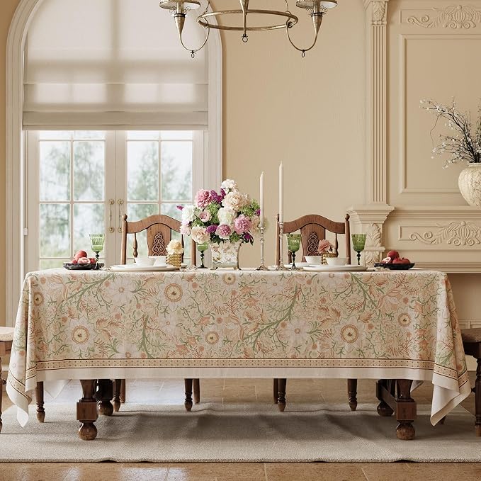 French Thick Linen Tablecloth for Rectangle Tables, Pink Floral Waterproof Wipeable Decorative Table Cover for Dining Kitchen Indoor Outdoor, 55" x 79", 4-6 Seats