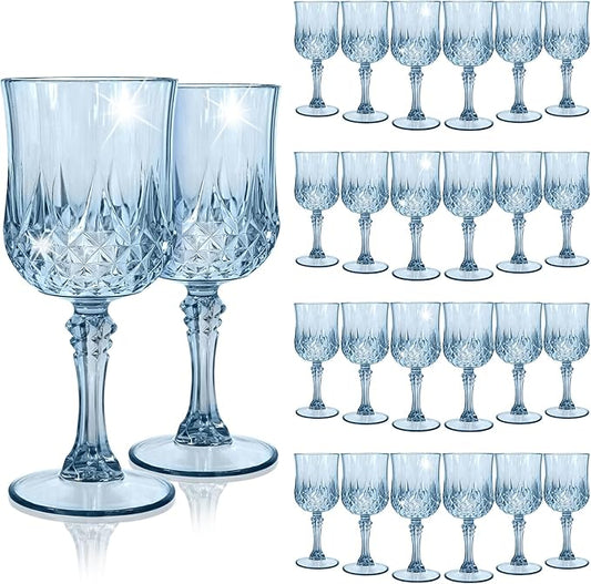 24Pack Blue Plastic Wine Glasses,Vintage Plastic Goblets for Parties, Dusty Blue Drinking Glasses Crystal Water Goblets Reusable for Wedding Reception, Grand Event Party Supplies