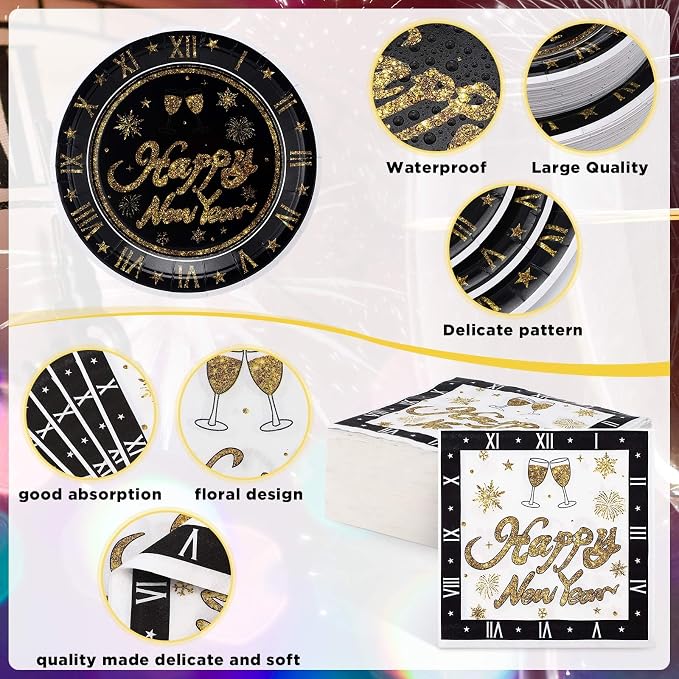 Mimorou 400 Pcs Happy New Year Disposable Tableware Set Black Gold Clock Paper Plates Napkins Cups Plastic Spoons Forks Knives New Year Eve Party Dinnerware Set for Christmas Lunar Years Party