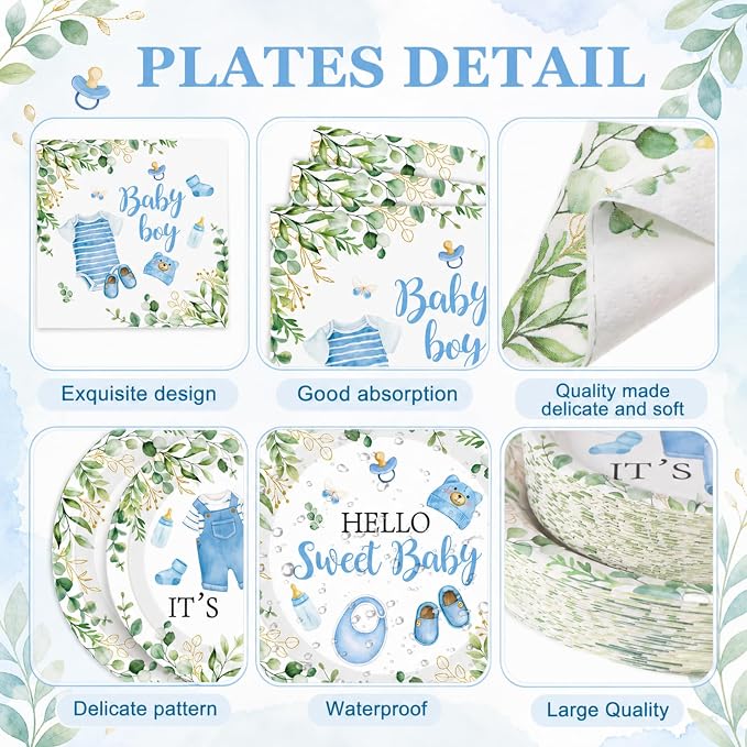 Pickmesh 250 Pcs Blue Boy Baby Shower Disposable Tableware Set Hello Sweet Boy Paper Plates Napkin Cup Cutlery with Sage Decoration for Gender Reveal Birthday Party Supply Baby Shower, Serve 50 Guest