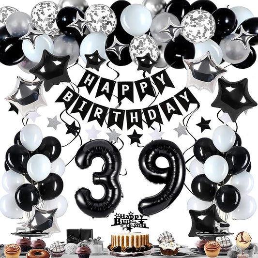 39th Birthday Decorations for Men Women, Black White and Silver Happy 39 Party Decor Set with 39 Number Foil Balloons, Banner, Cake Topper for Him Her