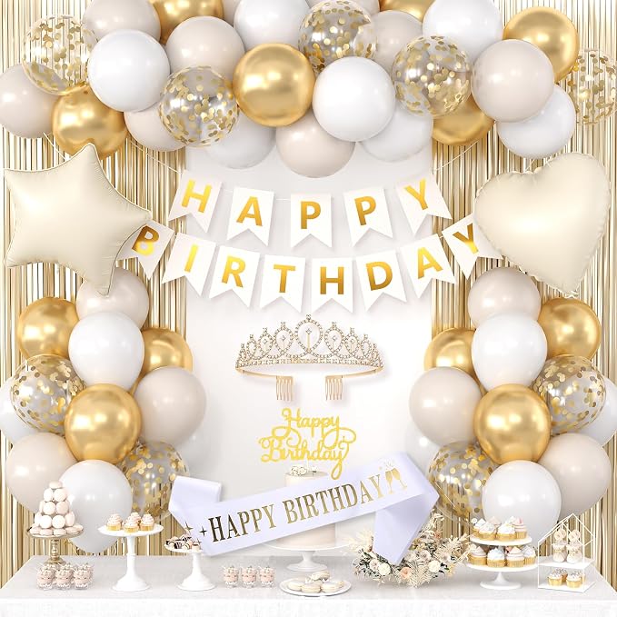 White and Gold Birthday Decorations for Women Girls,Sand White Gold Latex Balloons with Happy Birthday Banner,Fringe Curtain,Cake Topper,Sash and Crown for Birthday Party Supplies