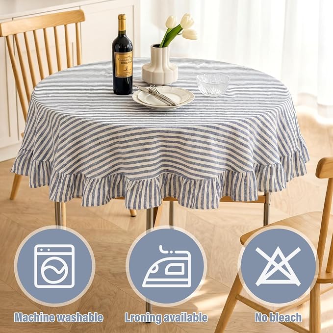 Boao Cotton 60 Inch Ruffle Tablecloth Blue White Striped Flounces Trim Table Cover for Round Table Kitchen Party Wedding Decor