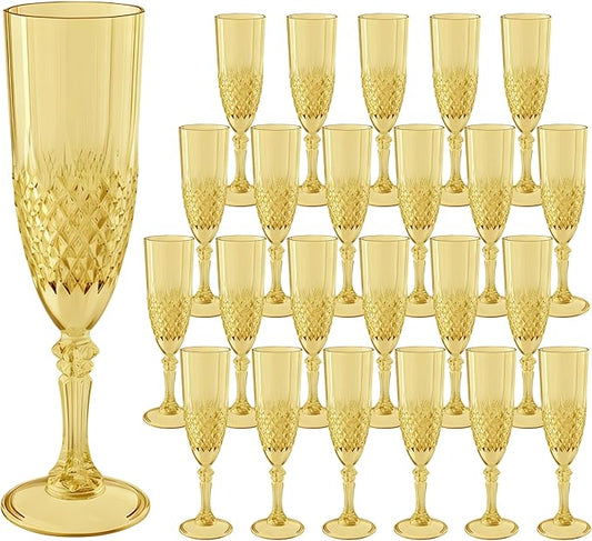 Plastic Champagne Flutes, Champagne Glasses Bulk, Reusable Unbreakable Acrylic Wine Glasses Goblets for Weddings Bachelor Parties Toasting Bridal Shower (24, Gold)