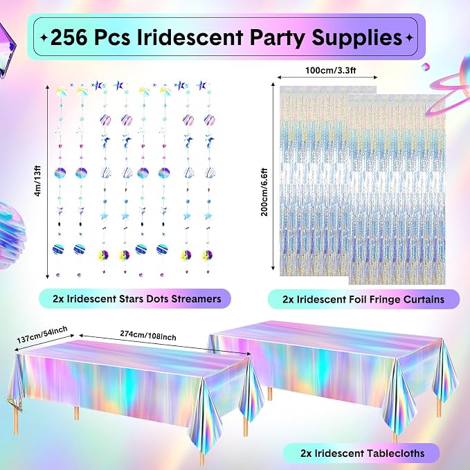 Sliner 256 Pcs Iridescent Party Decorations Supplies Holographic Party Decorations, Includes Paper Plates Cups Napkins Silver Cutlery Straws Plastic Tablecloth Foil Fringe Curtain Hanging Dot Streamer