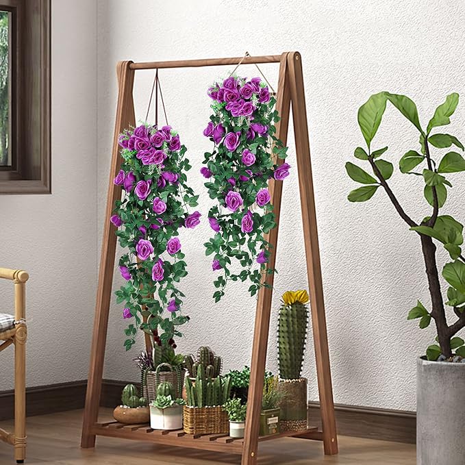 RECUTMS 2PCS Artificial Hanging Rose Flower Plants, 37 Inch Purple Fake Silk Floral Ivy Garlands for Outdoors Home Room Garden Front Porch Wedding Arch Bridal Shower Easter Indoor Party Greenery Decor