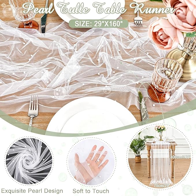 Pearl White Gauze Table Runner 160 Inch 13.33FT Head Tables Centerpieces Seasonal Sheer Dining Holiday Wedding Birthday Baby Shower Table Decor for Home Party Decorations