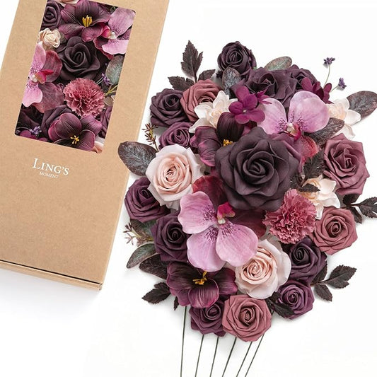 Ling's moment Fake Flowers Box, Faux Artificial Greenery Stems Foam Roses Tulip Silk Orchid Eucalyptus Fabic Flower for Centerpieces Bouquet Wedding Vase Decorations, Plum & Plum Lily, Deluxe Combo