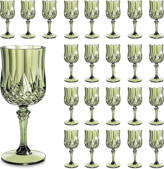 24PCS 7oz Plastic Wine Glasses Drinking Unbreakable Glassware Goblets Cups Green Water Reusable Vintage Champagne Flutes for Valentine’s Day, Parties, Wedding (24, Light Green)