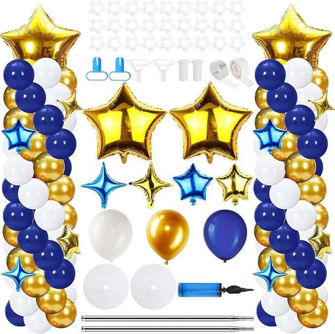 Gejoy 110 Pcs Blue Gold Balloons Column Stand Kit Adjustable Tower Stand from 1.4 to 6.6 ft with Bases for Back to School Wedding Birthday Baby Shower Party