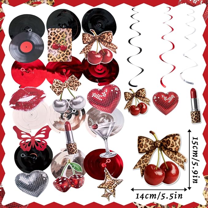 SUNBEAUTY Cheetah Birthday Party Decorations Cherry Cheetah Print Banner Leopard Hanging Swirls with Red and Black Cheetah Party Garland Foil Swirls Ceiling Safari Animal Birthday Party Decorations for Women Girls