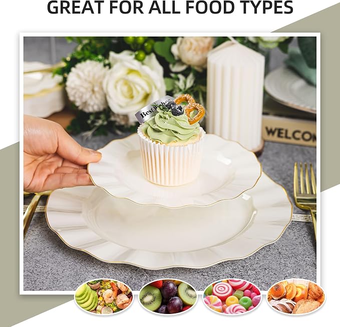 125PCS Ivory Plastic Plates Sets with Gold Rim, Gold Dinnerware Set for 25 Guests, 50 Disposable Dinner and Dessert Plates, 75 Silverwares for Party and Wedding