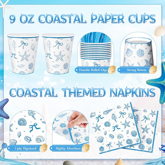 Honeydak 210 Pcs Seashell Beach Party Supplies, Serve 30 Coastal Theme Disposable Paper Plates Blue Ocean Starfish Party Decorations Napkins Forks Cups for Bachelorette Summer Birthday Baby Shower