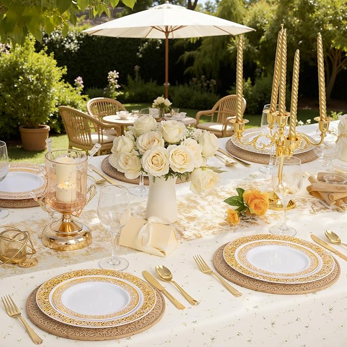 WDF 150PCS Gold Plastic Plates Set - Gold Plates 25Guests Gold Disposable Dinnerware Sets for Wedding Party Birthday
