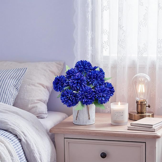 Pre-Made Flower Table Centerpieces, Set of 6 Artificial Silk Chrysanthemum with Farmhouse Metal Vases for Wedding, Birthday Parties, Home, Dining Table Decorations - Royal Blue
