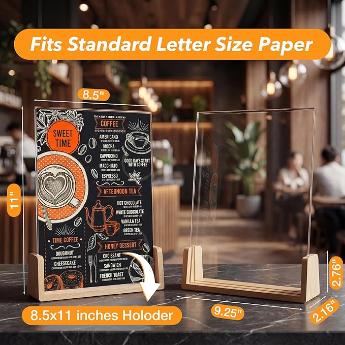 Acrylic Sign Holder 8.5 x 11 with Wood Base 3 Pack, Anti-Slip Silicone Bottom Menu Stand for Table, Clear Double Sided T-Shape & Slanted L-Shape Flyer Display for Office, Restaurant, Wedding