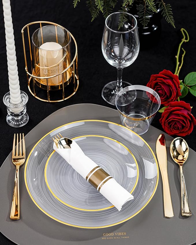 Morejoy 350PCS Clear Gold Plastic Plates - Disposable Gold Party Plates & Pre Rolled Napkins with Cutlery for 50 Guests, 100Plates, 150Silverware, 50Cups, 50Napkin for Party & Mother's Day