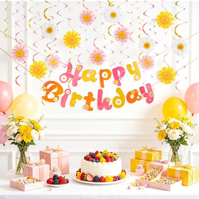 SUNBEAUTY Daisy Groovy Party Decoration Boho Happy Birthday Banner Daisy Paper Hanging Swirls Flower Birthday for Women Birthday Classroom Office Boho Hippie Retro Birthday Baby Shower Party Supplies