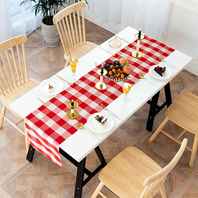 ShinyBeauty 4 Packs Checkered Table Runners 72 Inches Long Red and White Table Runner Christmas Plaid Linen for Farmhouse Dinning Tables (14”X72”)