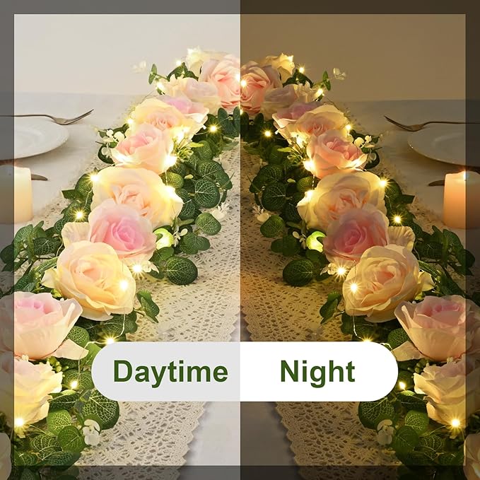 Dolicer 2Pcs Artificial Eucalyptus Garlands with Flowers - 8 Roses, Faux Floral Greenery Garlands Fake Flower Vines for Wedding Table Centerpieces Arch Party Decor (Pink)