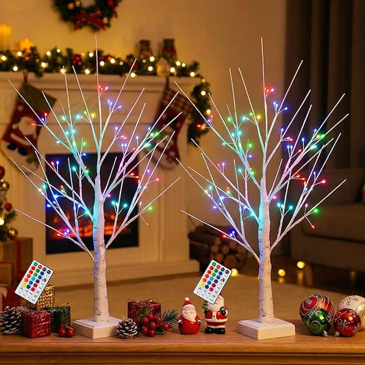 2 Pack Birch Tree with 72 LED Lights & Remote - Christmas Decorations Indoor, 2ft RGB Color Changing Fairy Spirit Twinkling Tree for Bedroom, Wedding, Holiday Decor | USB/Battery Powered