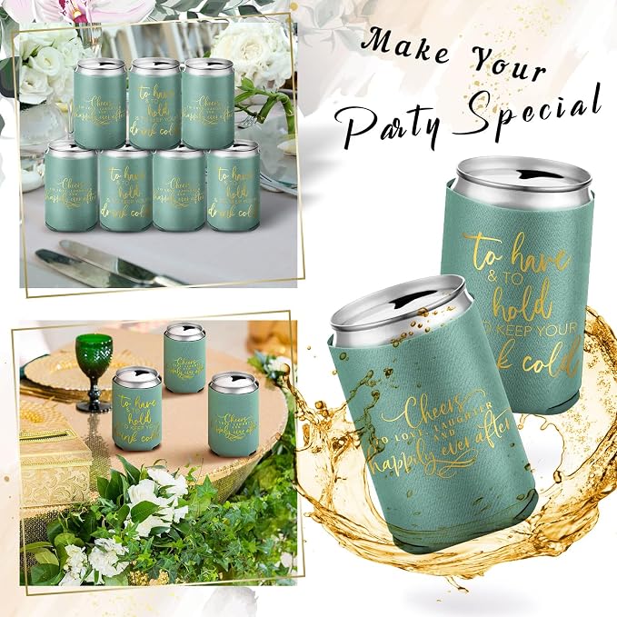 Qinyoung 50 Pieces Green Wedding Can Cooler Bulk Engagement Party Favors for Guests Cheers to Love Laughter and Happily Ever After Rehearsal Dinner Decorations for Wedding Bridal Party