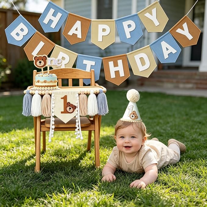 Bear 1st Birthday Decorations For Boy Girl Neutral High Chair Banner Set with Birthday Felt Banner Cake Topper Party Hat for baby first birthday