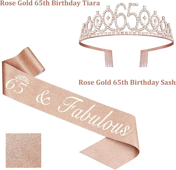 65th Birthday Decorations for Women Including Birthday Tiara and Sash, Candles & Cake Topper, 12oz Wine Tumbler with Lid, 65 Year Old Gifts for Women