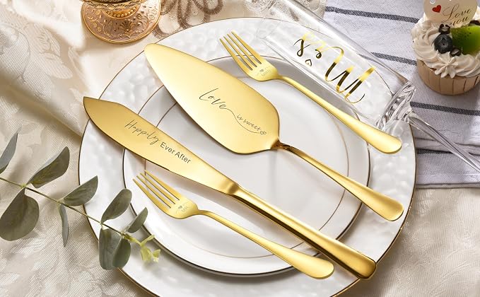 ROXBURGH Wedding Cake Knife and Server Set, Bride and Groom Mr and Mrs Champagne Flutes & Forks with Giftable Box, Cake Cutting Set for Wedding Engagement Bridal Shower Gifts