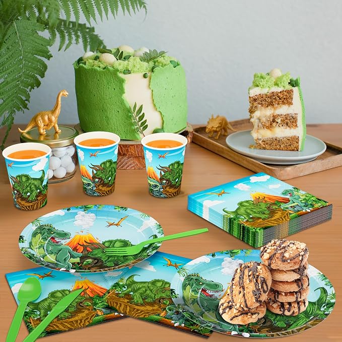 DYLIVeS Dinosaur Party Supplies, Dinosaur Themed Birthday Party Decorations Trex Dinosaur Party Favors Disposable Tableware Set for Kids Boys, Dinosaur Plates and Napkins, Cups, Cutlery, Serves 24