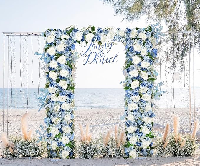 DearHouse 2Pcs Artificial Peony Flower Garland - Silk Peony Garland with Purple White Flowers for Wedding Party Table Decoration,6ft/Strand(White& Blue&Dark Blue)