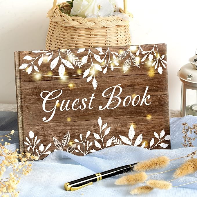Wood Grain Wedding Guest Book with Pen for Wedding Decor Birthday Rustic Leaves Visitors Book for Anniversary Funeral White Leaves Bridal Shower Wood Grain Guestbook Signing Rustic Decor